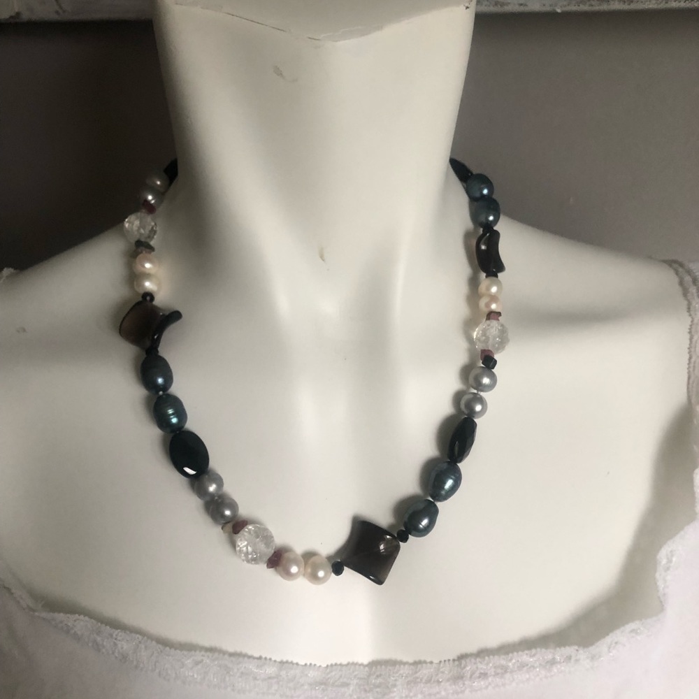 Mixed Bead Faux Pearl Statement Necklace Black Gray White